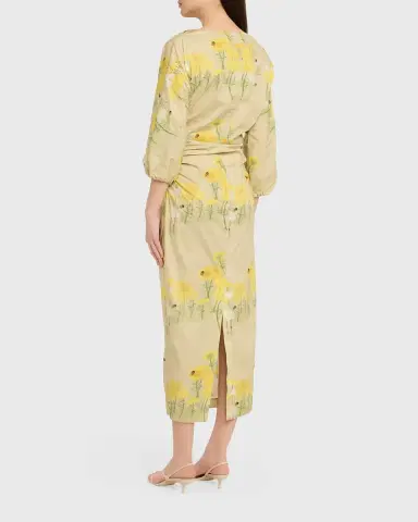 BERNADETTE Ezra Floral Ruched Cotton 3/4-Sleeve Midi Dress | Thumbnail 2
