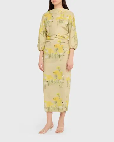 BERNADETTE Ezra Floral Ruched Cotton 3/4-Sleeve Midi Dress | Thumbnail 3