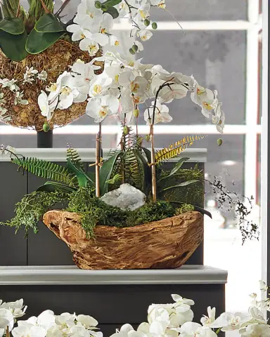 T & C Floral Company White Orchid Faux-Floral Arrangement in Wooden Bowl | Thumbnail 2