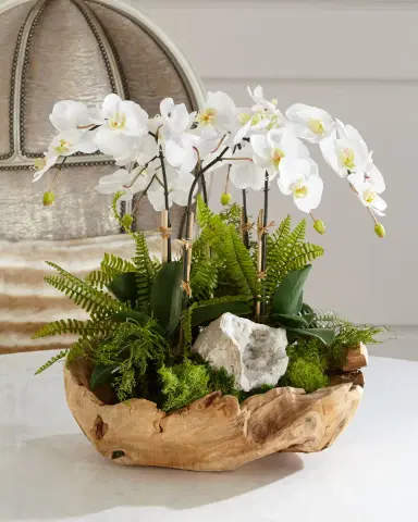 T & C Floral Company White Orchid Faux-Floral Arrangement in Wooden Bowl | Thumbnail 1