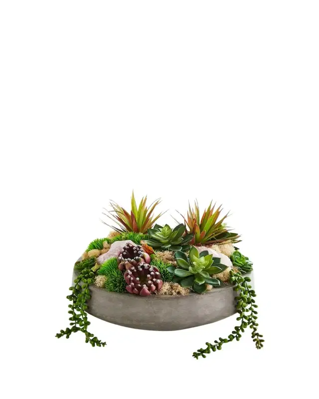 T & C Floral Company Concrete Bowl with Rose Quartz & Succulents