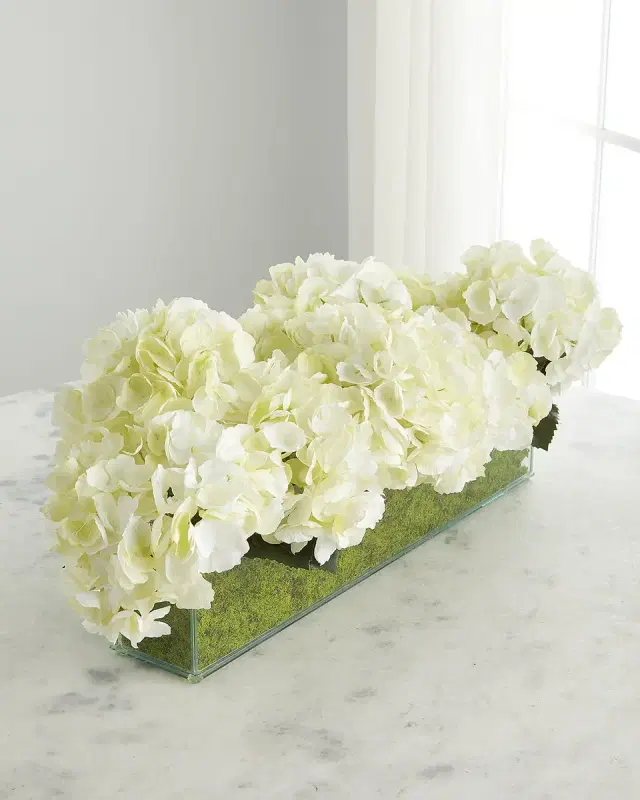 T & C Floral Company Faux Floral White Hydrangeas in Rectangular Glass Box
