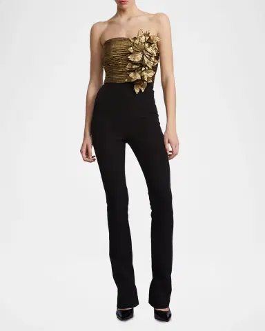 BCBGMAXAZRIA Metallic Lamé Flower Strapless Jumpsuit | Thumbnail 2 BCBGMAXAZRIA Metallic Lamé Flower Strapless Jumpsuit | Thumbnail 2