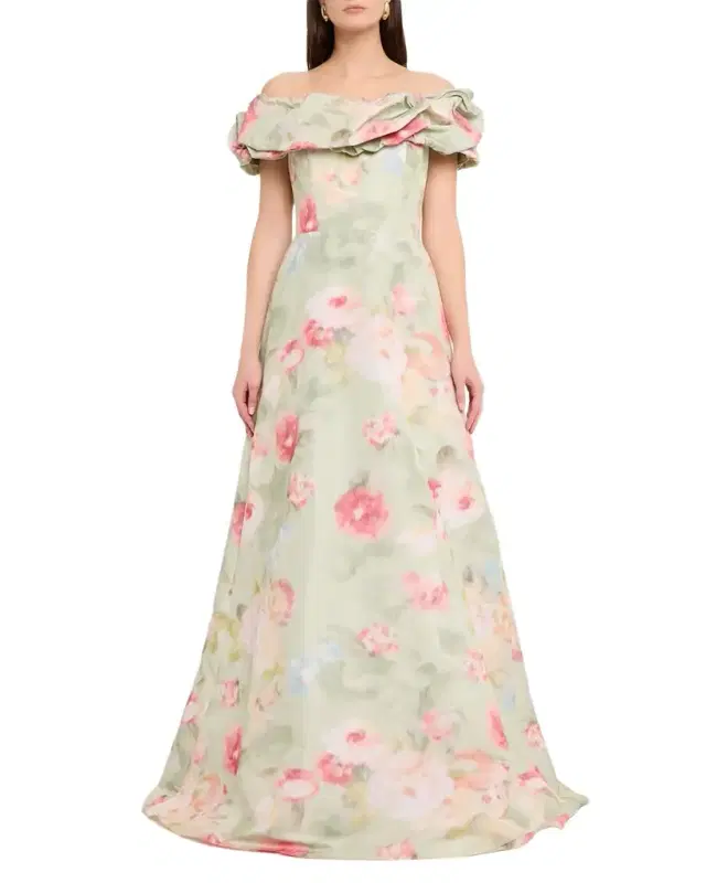 Off-Shoulder Floral Taffeta Gown