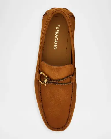 Ferragamo Men's Gancio Woven-Loop Nubuck Driving Loafers | Thumbnail 3