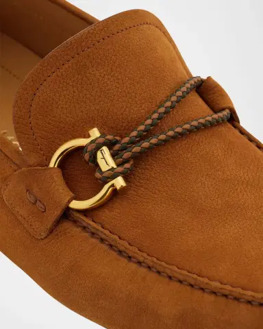 Ferragamo Men's Gancio Woven-Loop Nubuck Driving Loafers | Thumbnail 4