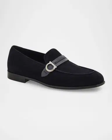 Ferragamo Men's Terence Gancio Ornament Leather-Strap Suede Loafers | Thumbnail 2 Ferragamo Men's Terence Gancio Ornament Leather-Strap Suede Loafers | Thumbnail 2