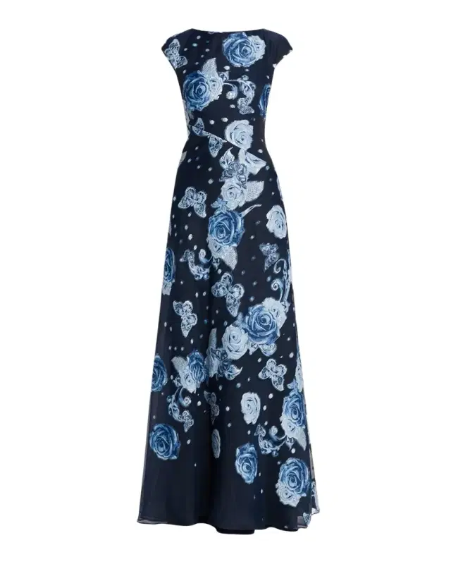 Rickie Freeman for Teri Jon Rose and Butterfly Cap Sleeve Long Gown