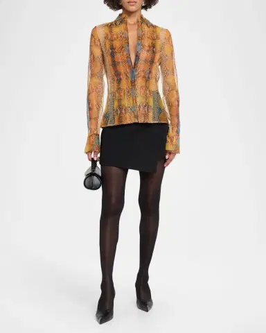 LaQuan Smith Plunging Metallic Snakeskin-Print Organza Shirt | Thumbnail 2 LaQuan Smith Plunging Metallic Snakeskin-Print Organza Shirt | Thumbnail 2