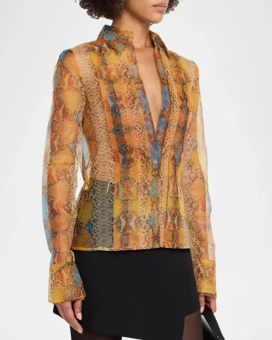 LaQuan Smith Plunging Metallic Snakeskin-Print Organza Shirt | Thumbnail 4 LaQuan Smith Plunging Metallic Snakeskin-Print Organza Shirt | Thumbnail 4