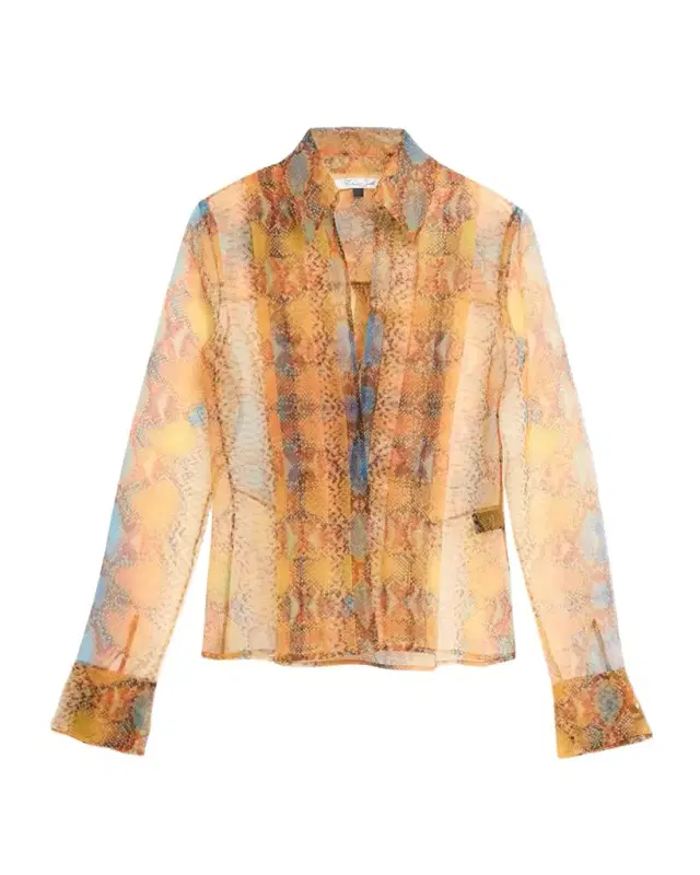 Plunging Metallic Snakeskin-Print Organza Shirt