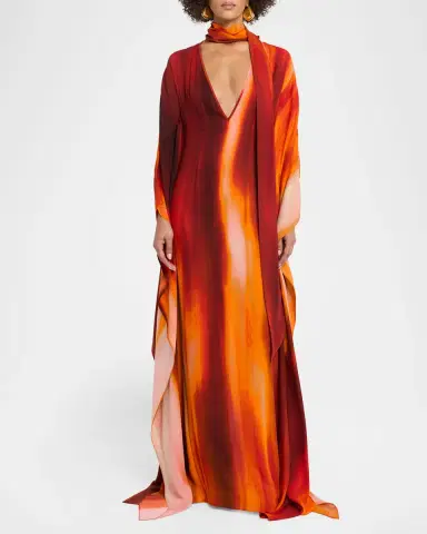LaQuan Smith Plunging Neck-Scarf Dolman-Sleeve Caftan Gown | Thumbnail 2