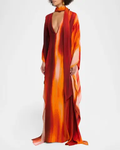 LaQuan Smith Plunging Neck-Scarf Dolman-Sleeve Caftan Gown | Thumbnail 4