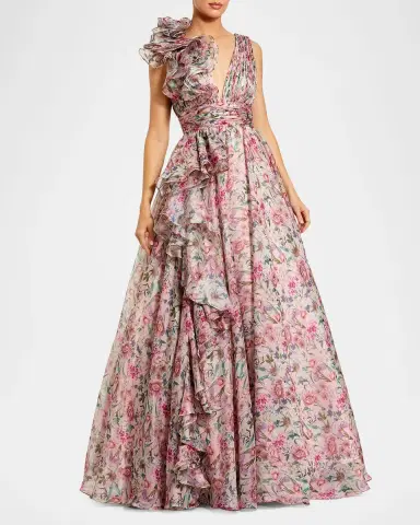 Mac Duggal Plunging Floral-Print Chiffon Ball Gown | Thumbnail 2