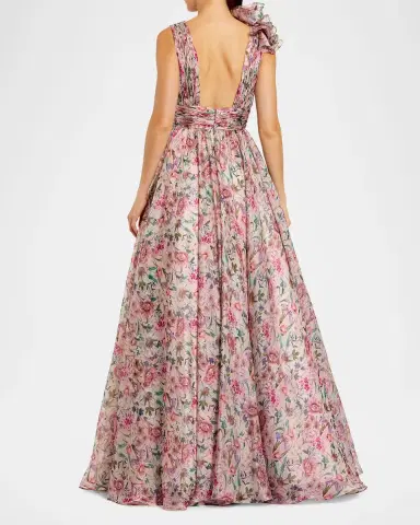 Mac Duggal Plunging Floral-Print Chiffon Ball Gown | Thumbnail 3
