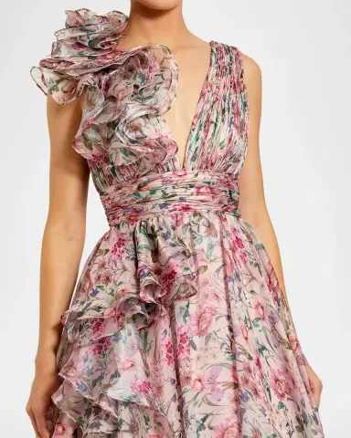 Mac Duggal Plunging Floral-Print Chiffon Ball Gown | Thumbnail 4