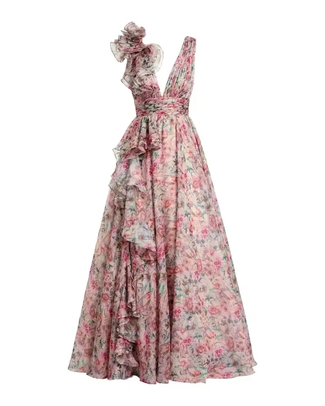 Plunging Floral-Print Chiffon Ball Gown