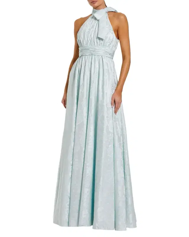Bow-Embellished Floral Brocade Halter Gown Bow-Embellished Floral Brocade Halter Gown
