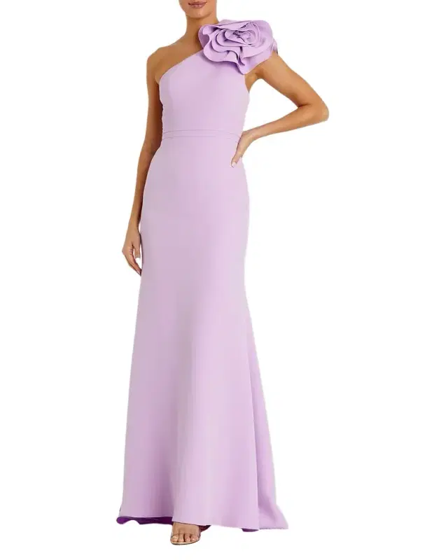 One-Shoulder Rosette Crepe Gown