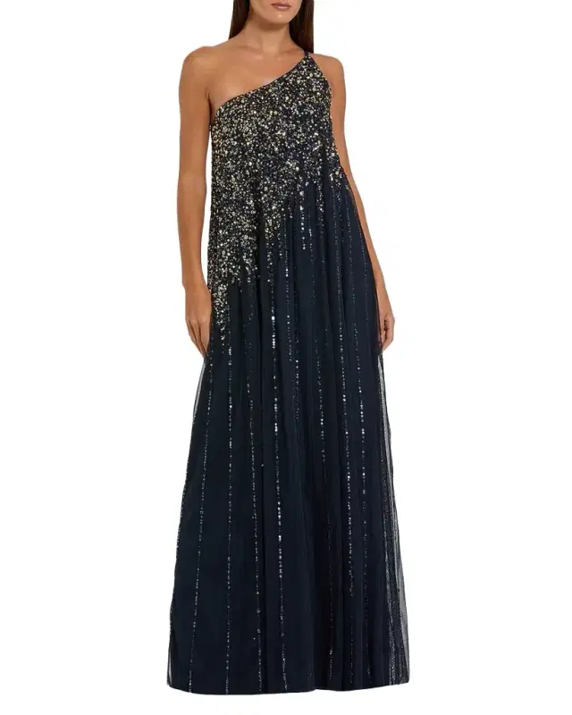 Beaded One-Shoulder Tulle Trapeze Gown