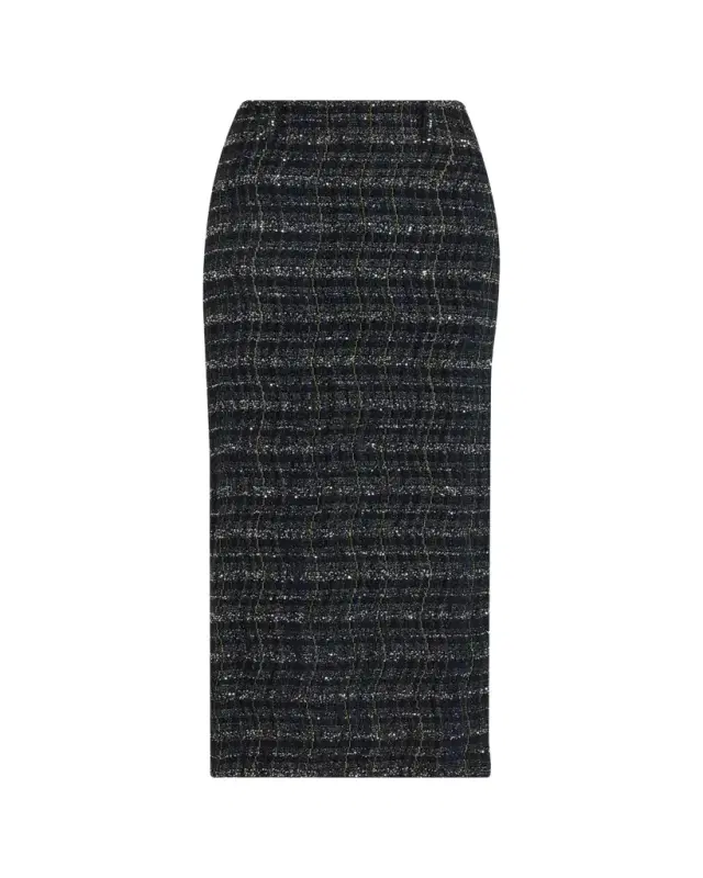Paillette Wavy Check Tweed Midi Skirt