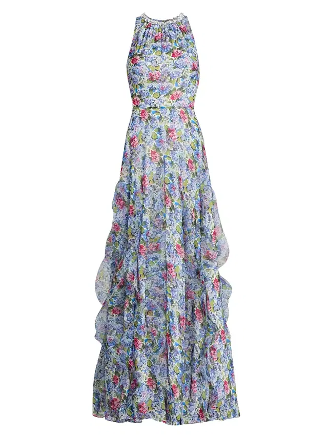 Teri Jon by Rickie Freeman Women's Floral Ruffled Chiffon Gown - Purple Multi