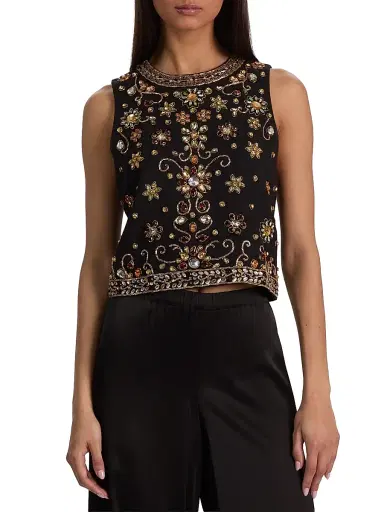 Alice + Olivia Women's Amal Embellished Linen Boxy Sleeveless Top | Thumbnail 3 Alice + Olivia Women's Amal Embellished Linen Boxy Sleeveless Top | Thumbnail 3