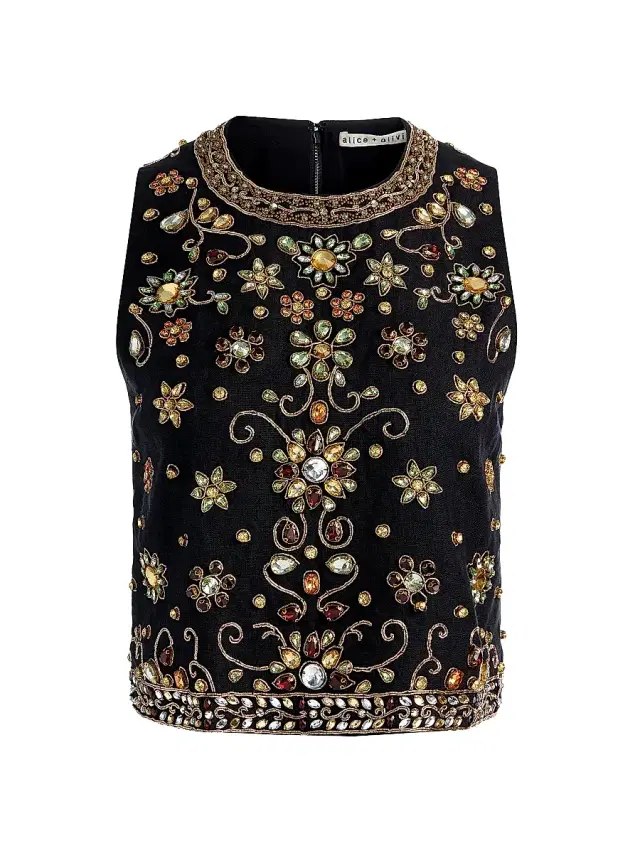 ALICE + OLIVIA Women's Amal Embellished Linen Boxy Sleeveless Top - Black Multi