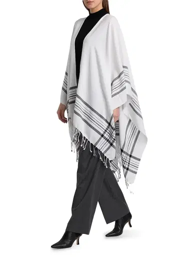Vince Women's Plaid-Trim Cotton-Cashmere Cape | Thumbnail 4 Vince Women's Plaid-Trim Cotton-Cashmere Cape | Thumbnail 4
