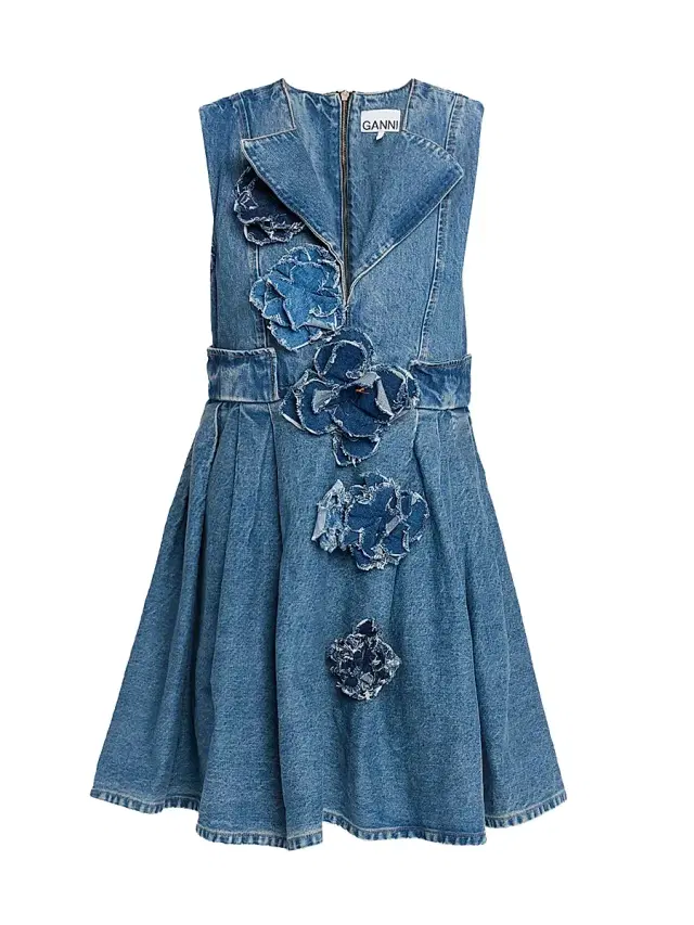 Women's Flower Denim Puff Minidress - Mid Blue Stone