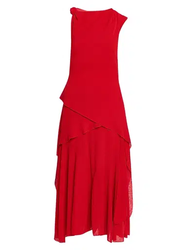 Ganni Women's Marl Draped Knot Mesh Midi-Dress - Goji Berry | Thumbnail 1 Ganni Women's Marl Draped Knot Mesh Midi-Dress - Goji Berry | Thumbnail 1