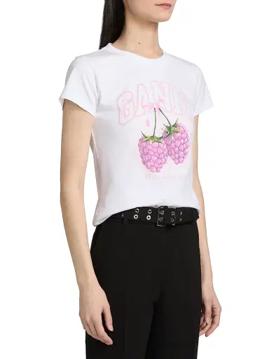 Ganni Women's Raspberry Logo Cotton Baby-Fit T-Shirt - Bright White | Thumbnail 4 Ganni Women's Raspberry Logo Cotton Baby-Fit T-Shirt - Bright White | Thumbnail 4