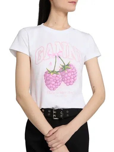 Ganni Women's Raspberry Logo Cotton Baby-Fit T-Shirt - Bright White | Thumbnail 6 Ganni Women's Raspberry Logo Cotton Baby-Fit T-Shirt - Bright White | Thumbnail 6