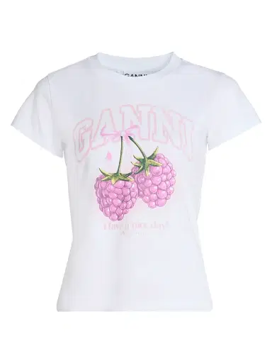 Ganni Women's Raspberry Logo Cotton Baby-Fit T-Shirt - Bright White | Thumbnail 1 Ganni Women's Raspberry Logo Cotton Baby-Fit T-Shirt - Bright White | Thumbnail 1