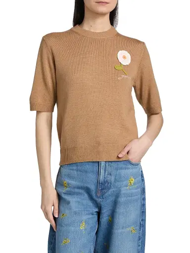 Ganni Women's Floral Crochet Wool-Cotton T-Shirt - Tobacco Brown - Size XL | Thumbnail 3