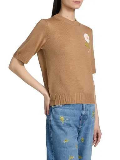 Ganni Women's Floral Crochet Wool-Cotton T-Shirt - Tobacco Brown - Size XL | Thumbnail 4