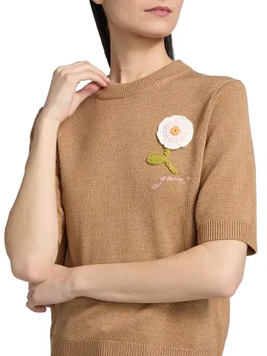 Ganni Women's Floral Crochet Wool-Cotton T-Shirt - Tobacco Brown - Size XL | Thumbnail 6