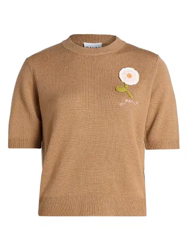 Ganni Women's Floral Crochet Wool-Cotton T-Shirt - Tobacco Brown - Size XL | Thumbnail 1