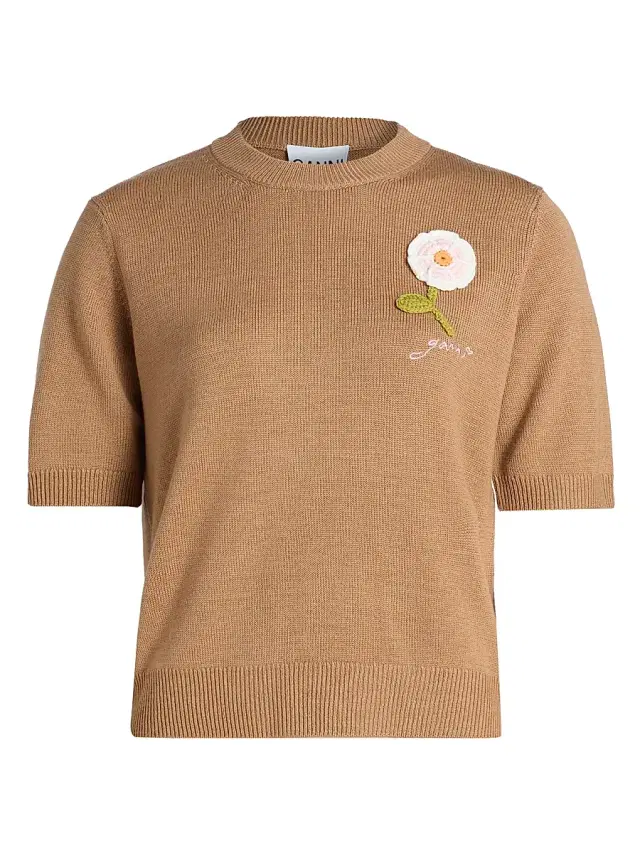 Women's Floral Crochet Wool-Cotton T-Shirt - Tobacco Brown