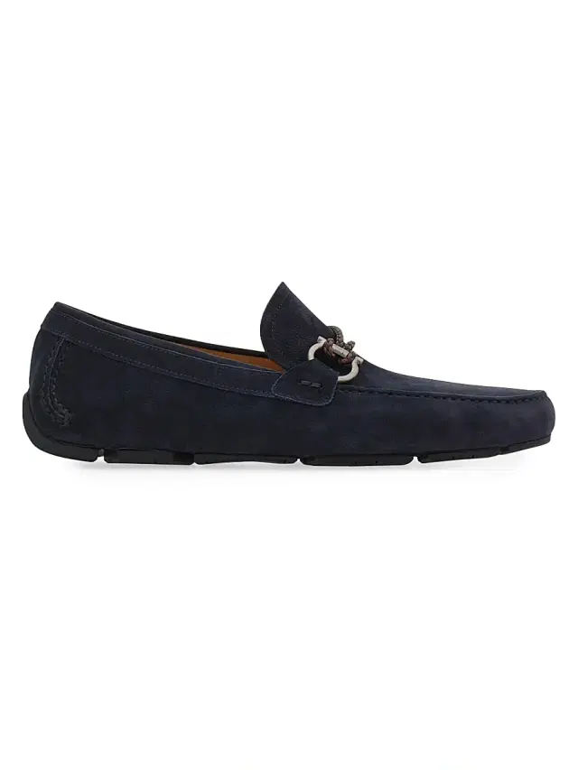 FERRAGAMO Men's Nubuck Gancini Driver Loafers - Navy