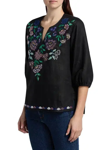 Johnny Was Women's Sloane Embroidered Linen Blouse - Black - Size XL | Thumbnail 4 Johnny Was Women's Sloane Embroidered Linen Blouse - Black - Size XL | Thumbnail 4