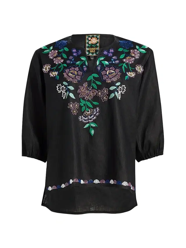 Johnny Was Women's Sloane Embroidered Linen Blouse - Black