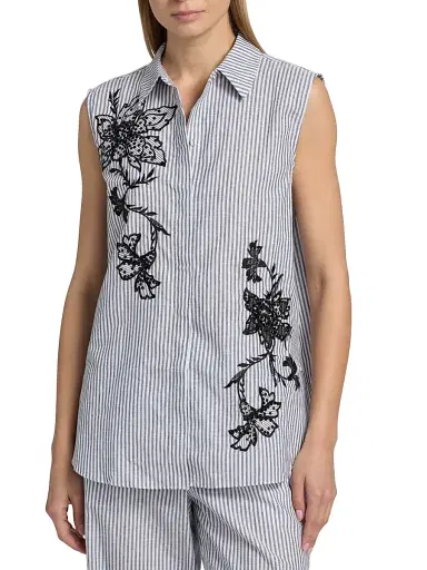 Kobi Halperin Women's Aerin Striped Cotton-Linen Sleeveless Blouse - Black White - Size XL | Thumbnail 3