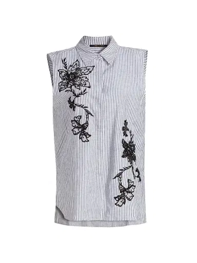 Kobi Halperin Women's Aerin Striped Cotton-Linen Sleeveless Blouse - Black White - Size XL | Thumbnail 1