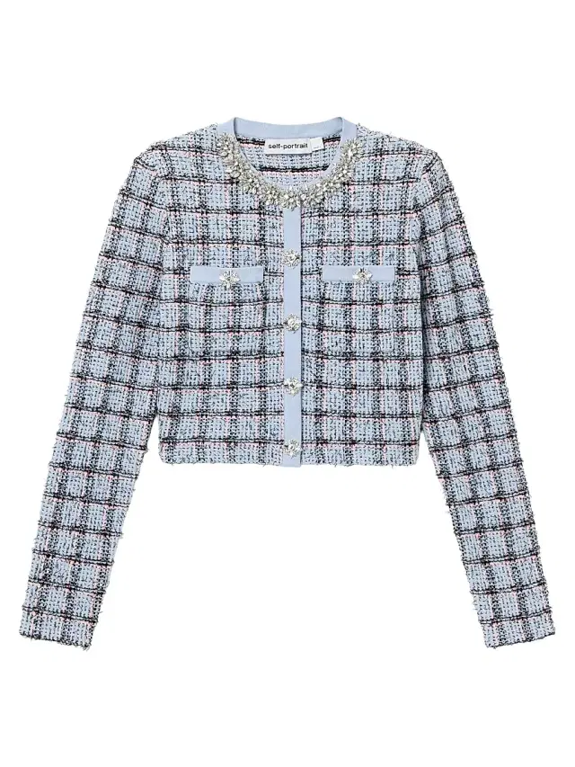 Self-Portrait Women's Embellished Checked Cardigan - Blue