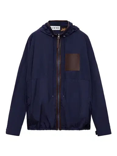 Loewe Men's x Paula's Ibiza Leather-Trim Nylon Anorak Jacket - Navy Brown | Thumbnail 1 Loewe Men's x Paula's Ibiza Leather-Trim Nylon Anorak Jacket - Navy Brown | Thumbnail 1