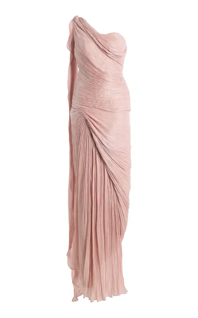 Marmar Halim Exclusive One-Shoulder Draped Hand-Pleated Silk Roseya Gown