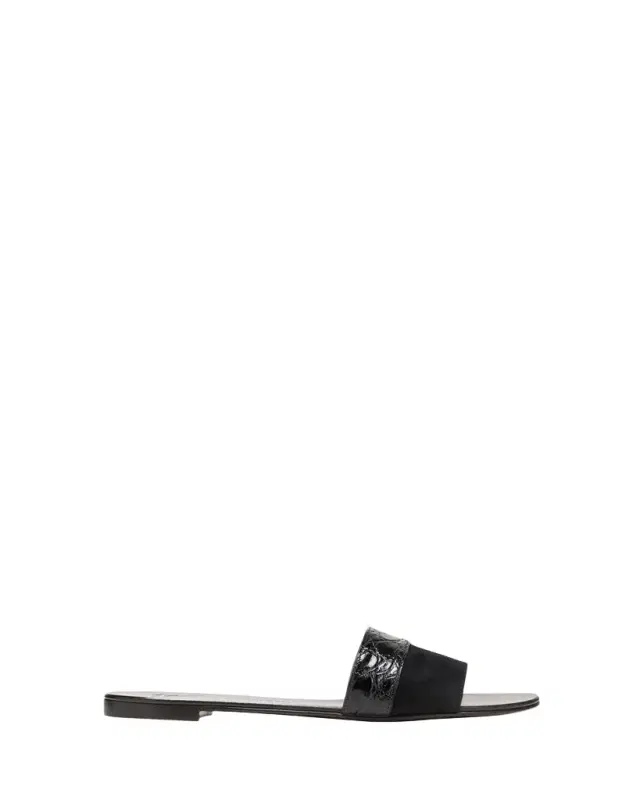 Mixed Leather Flat Slide Sandals
