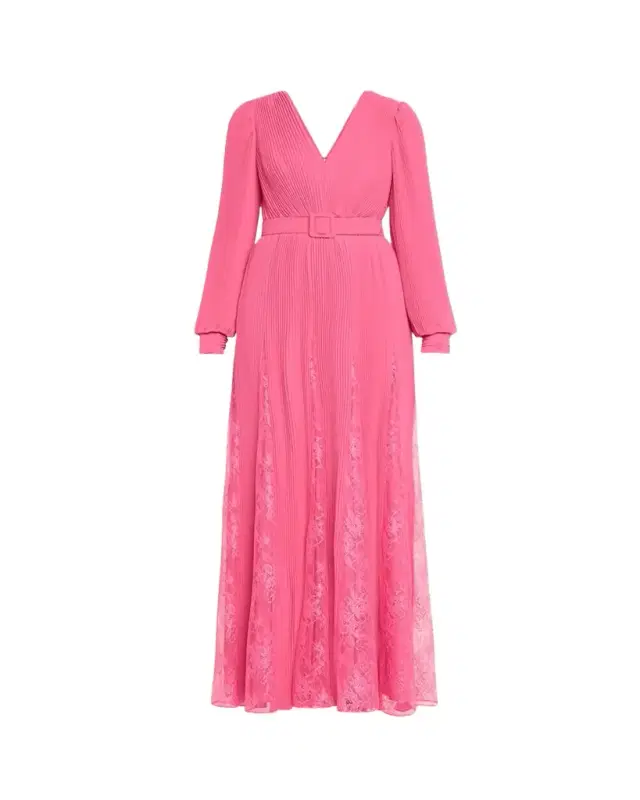 Badgley Mischka Collection Pleated Lace-Inset Godet Gown