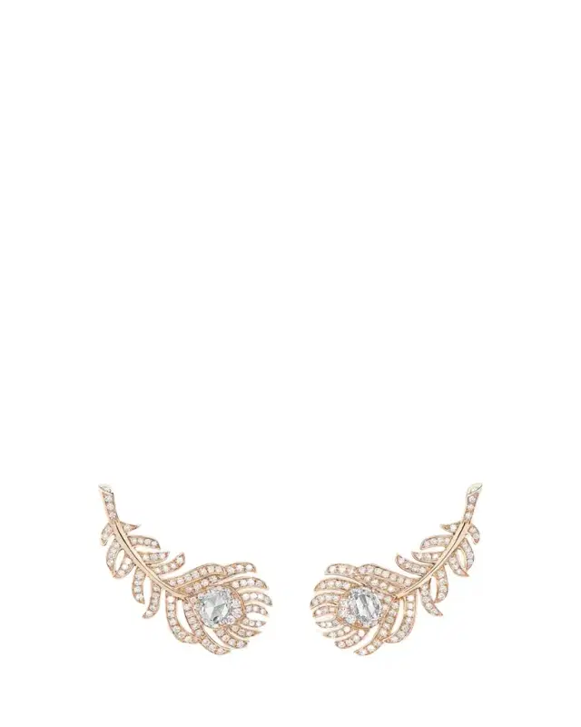 18K Pink Gold Small Clip Plume de Paon Earrings with Diamonds